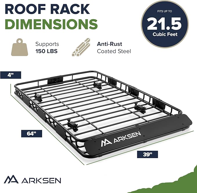ARKSEN 64 x 39 x 4 Inch Upgrade Universal Roof Rack with Cargo Net, 2 Ratchet Straps - 150Lbs Capacity Heavy Duty Rooftop Cargo Carrier with Extension for Car, SUV & Pickup