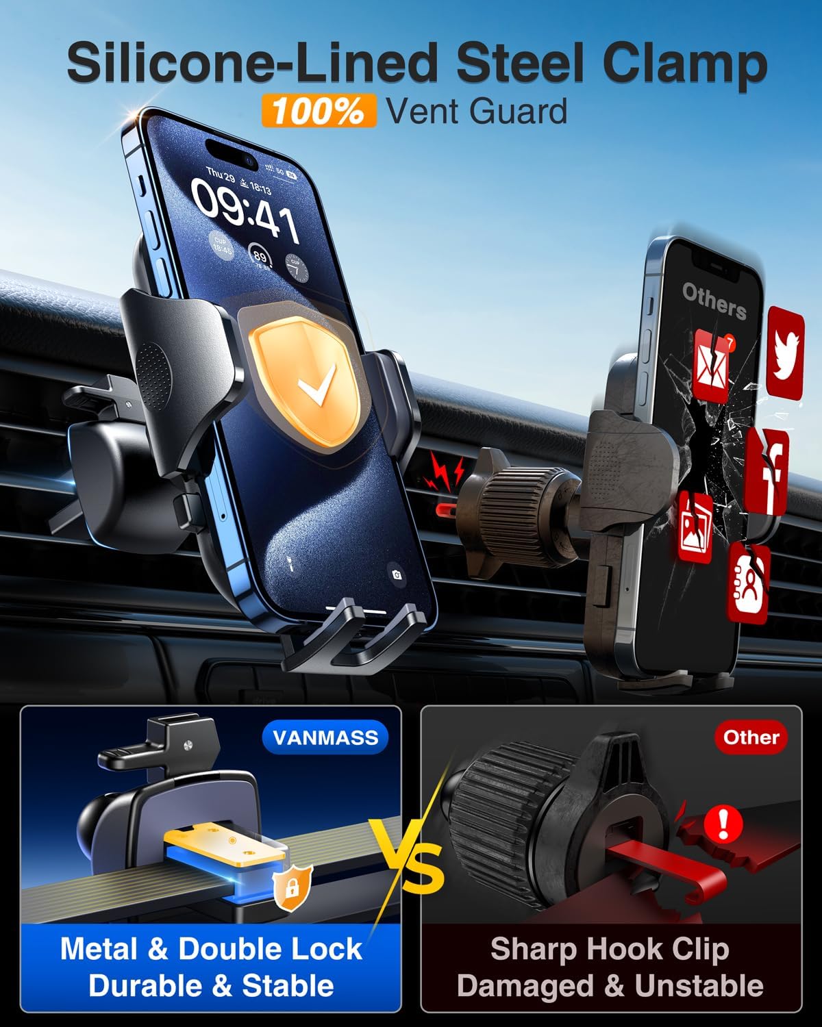 VANMASS Universal Car Phone Holder 2025【Strongest Suction & Military-Grade】Phone Holders for Your Car Windshield Dashboard Vent with【Patent & Safety Certs】Cell Phone Mount for iPhone Samsung Android