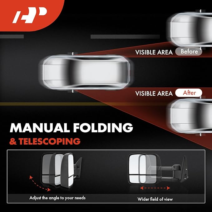A-Premium Pair (2) Towing Mirrors Compatible with Chevy Silverado, Tahoe, Suburban, Avalanche & GMC Sierra 1500 2500 3500 HD, Yukon XL - 1999-2007 - Non-Heated Manual Glass Adjust Telescoping Folding