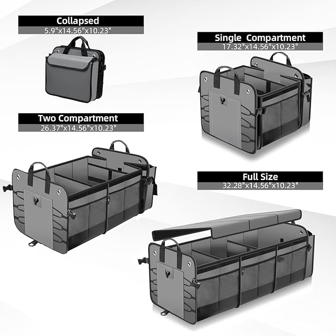 Large Trunk Organizer with Removable Cooler Bag-Collapsible Durable Multi Compartments w/ Foldable Cover, Non Slip Bottom Cargo Storage Suitable for Any Car, SUV, Truck, or Van(3 compartments,Gray）