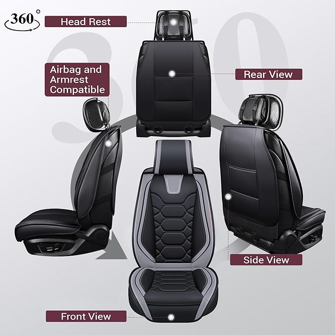 OASIS AUTO Car Seat Covers Front Seats, Waterproof Faux Leather Seat Covers for Cars Universal Fit for SUV, Truck, Sedan, Black Premium Car Seat Protector with Cushions