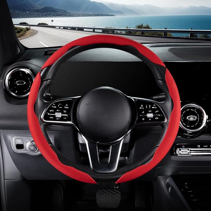 Nappa Leather Car Steering Wheel Cover for Men Women, Ultra-Thin Non-Slip Breathable Microfibre, Universal for 14.5"-15" Steering Wheel - Red