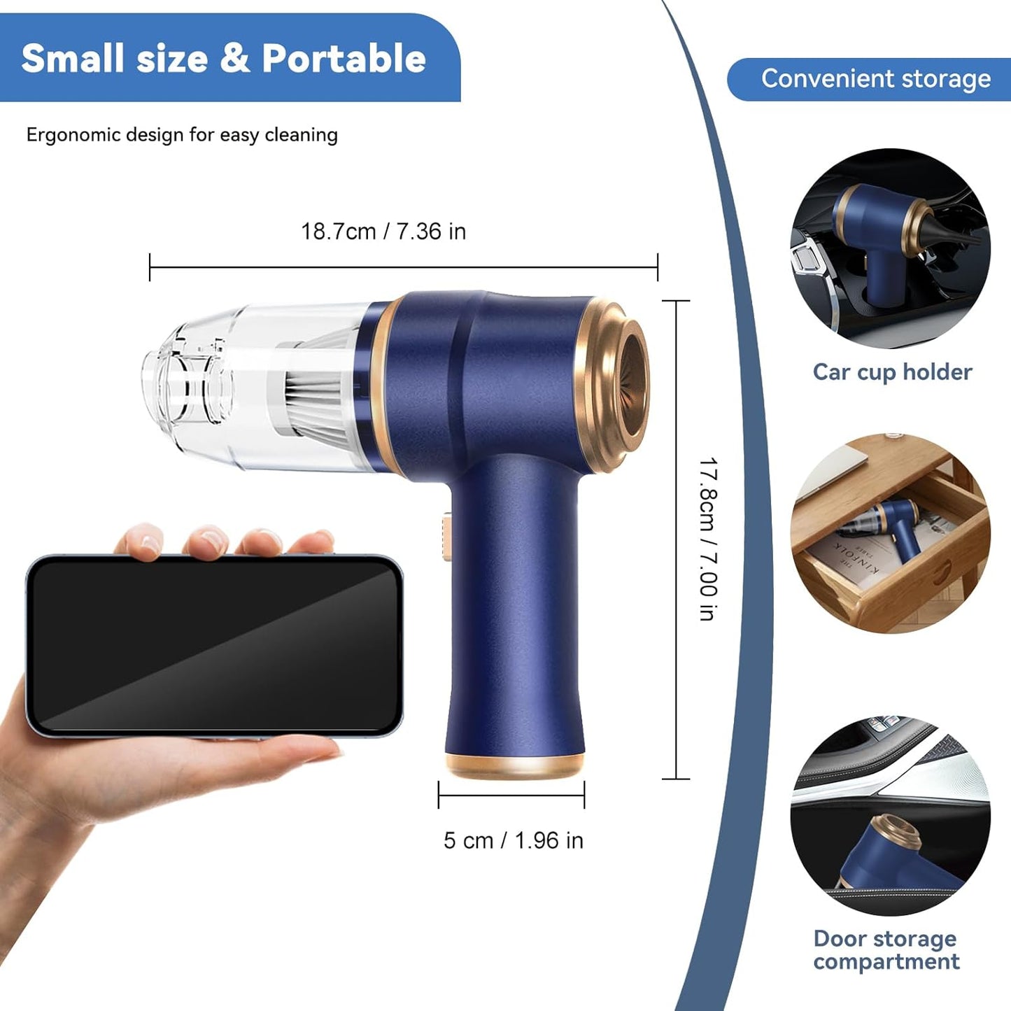 Handheld Car Vacuum Cleaner, Portable Cordless Mini Vacuums with Multi-Nozzles, High Power Dry Hand held Vacuum for Car, Computer, Sofa, Office, Pet, Home
