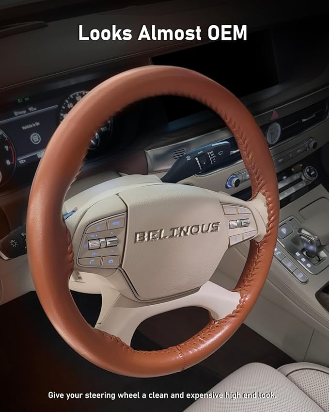 BELINOUS Leather Steering Wheel Cover Lace Up, Stitch On Wrap, Universal Fit 13-20 inch Car Truck SUV Pickup Boat, A Whole Piece of Cowhide, DIY Stitch w/Needle Thread (Size S4, Brown)