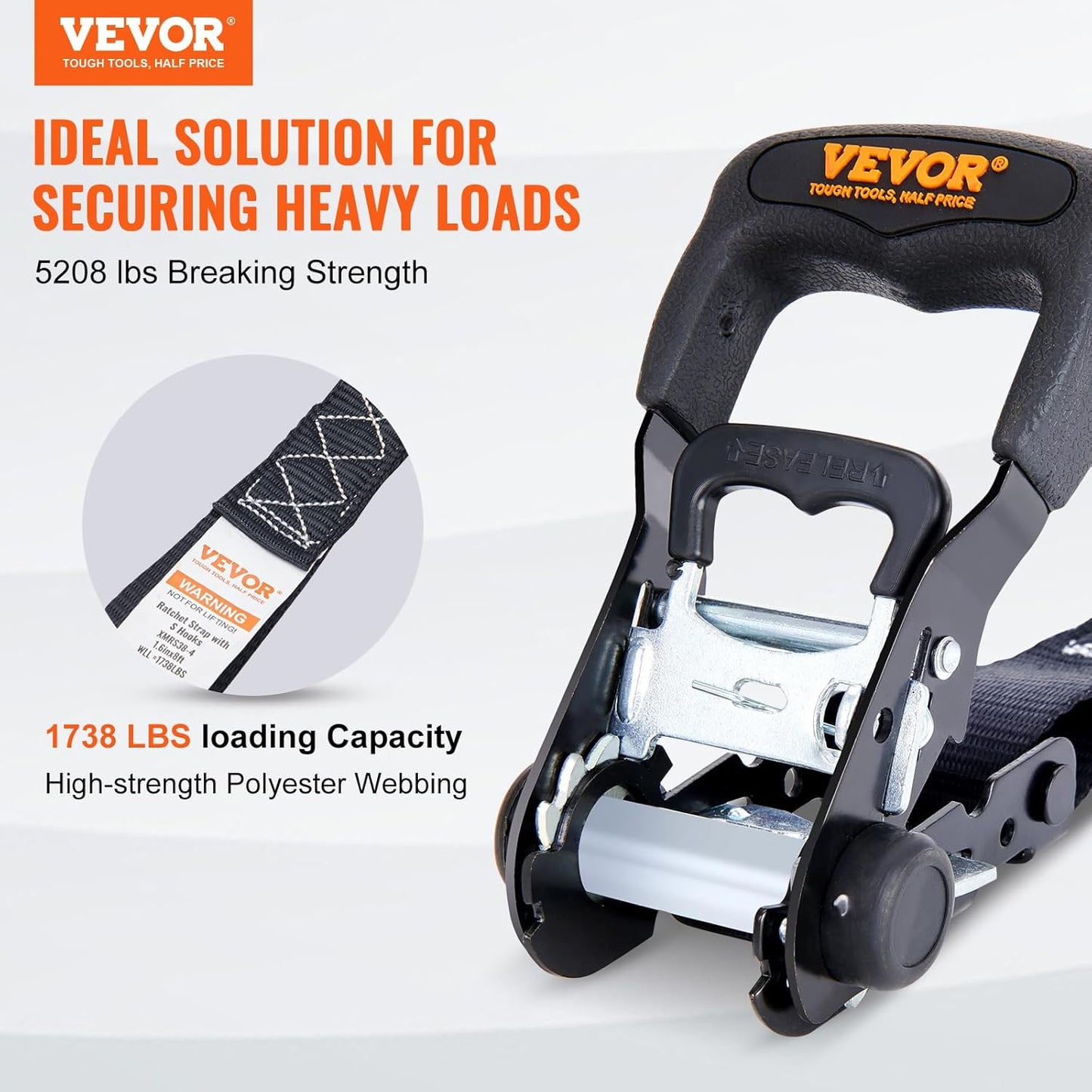 VEVOR Ratchet Tie Down Straps (4PK), 5208lbs Break Strength, 1.6" x 8' Heavy Duty Ratchet Tie Down Strap Set with Padded Handles, Coated S Hook, Soft Loop for Moving Appliances Motorcycle ATV Truck