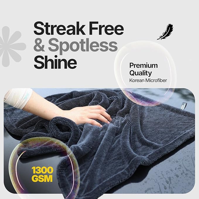 Crystal Clean 1300GSM Microfiber Towels for Cars – XL Drying Towel 2-Pack (24x36 & 12x12) with Double Twisted Loop, Professional Detailing Towel Car Detailers - Quick Dry, Paint Safe & Swirl-Free