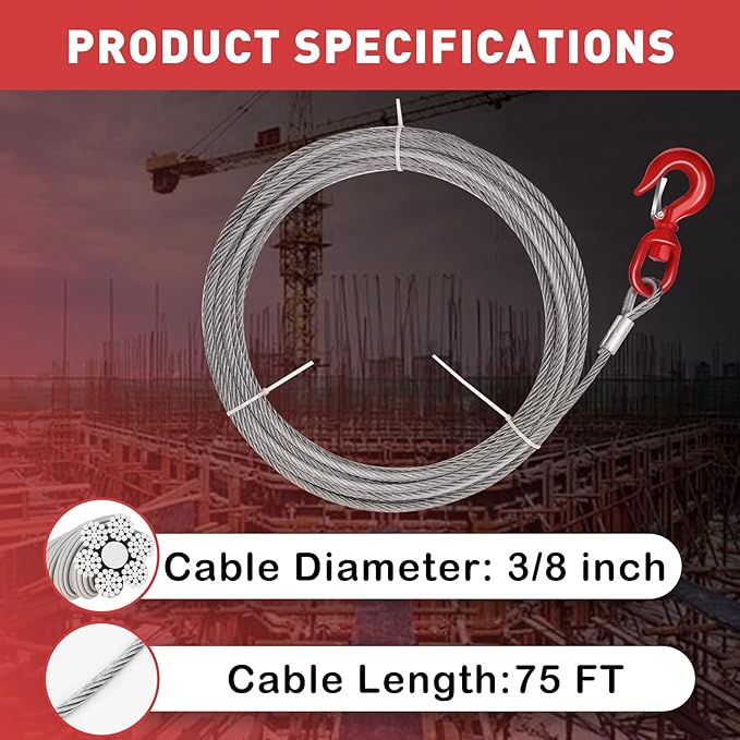 Steel Winch Cable,3/8" x 75' Wire Rope with Swivel Hook,17637 Lbs Breaking Strength,6x19 Strand Core Steel Towing Cable for Tow Truck,Crane,Wrecker