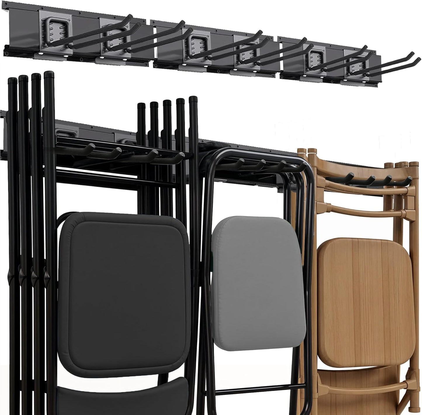 Garage Tool Organizer Wall Mount | 48-Inch Garage Wall Organizer & Folding Chair Rack | Heavy-Duty Tool Hanger System | 9-Piece Kit with 3 Steel Rails & 6 Adjustable Hooks | 300 lbs Capacity