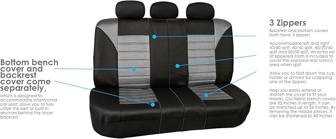 FH Group Automotive Car Seat Covers Full Set Premium 3D Air Mesh Front Seat Covers, Airbag Compatible & Split Bench Cover Universal Fit Interior Accessories for Cars Trucks and SUVs - Gray