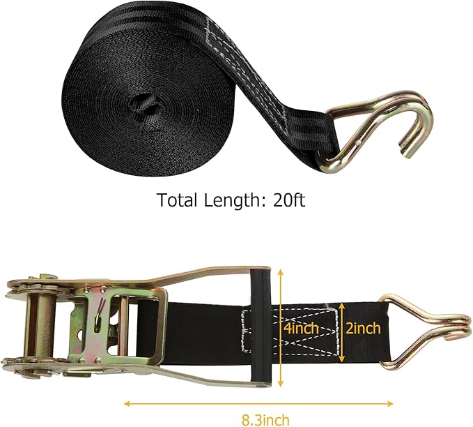 4 Pack 2 Inch Ratchet Straps Heavy Duty 20ft Tie Down Straps Ratchet with Double J Hook, 8000 LBS Break Strength, Cargo Ratchet Straps for Truck, Trailers, Motorcycle, Kayaks, Car Roof