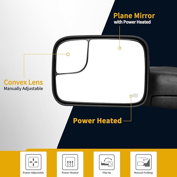 DWVO Side Towing Mirror Compatible with 2002-2008 Dodge Ram 1500, 2003-2009 Dodge Ram 2500 3500 Pickup Truck, Power Adjustable Heated, Manual Folding Flip-up Door Mirror