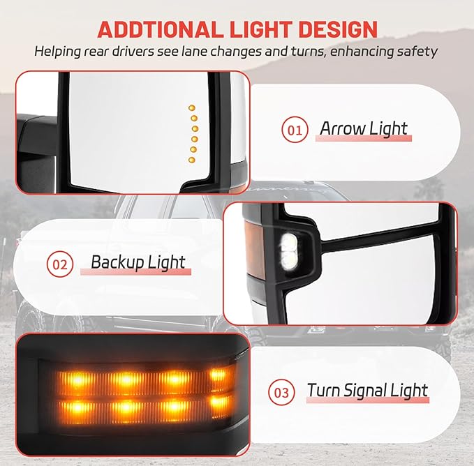 Towing Mirrors Compatible with 2014-2018 Chevy Silverado GMC Sierra 1500, 2015-2018 Silverado Sierra 2500 HD 3500 HD Chrome Power Heated Arrow Light Smoked Turn Signal Clearance Lamp Pair