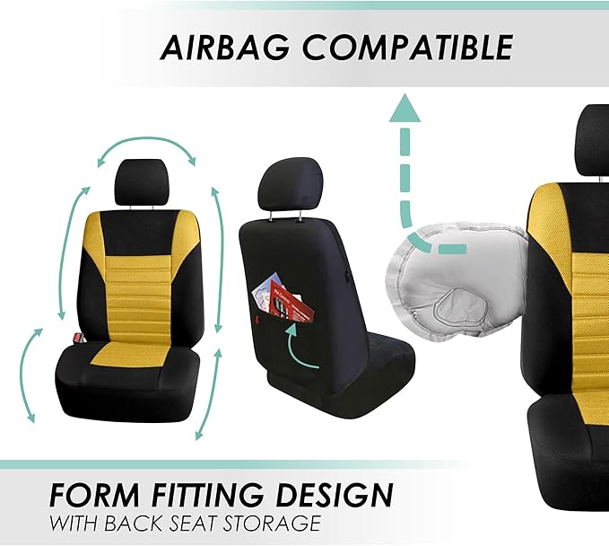 FH Group Automotive Car Seat Covers Full Set Premium 3D Air Mesh Front Seat Covers, Airbag Compatible & Split Bench Cover Universal Fit Interior Accessories for Cars Trucks and SUVs - Yellow
