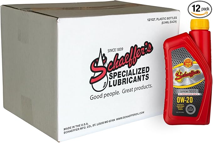 Schaeffer Manufacturing Co. 9005-012 Supreme 9000 Full Synthetic Gasoline Engine Oil 0W-20, 1-Quart Bottle (Pack of 12)