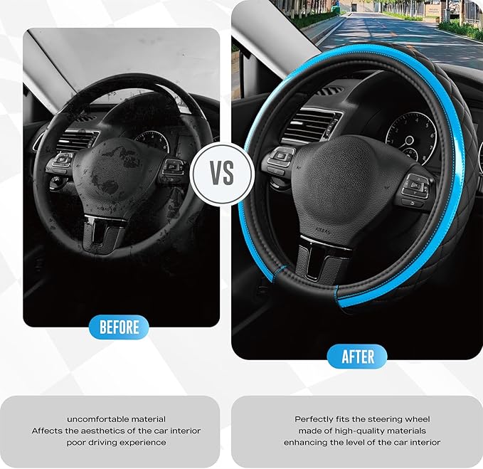 Road Comforts Leather Steering Wheel Cover – Black & Blue, Universal Fit 14.5-15 Inch, Microfiber Leather, Anti-Slip & Breathable Design for Men and Women
