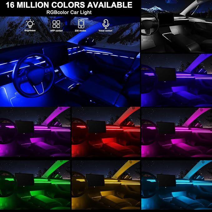 Acrylic Interior Car LED Strip Light with Wireless APP, 10 in 1 with 175 inches 593 LEDs Neon LED Strip Light, RGB Colors Dynamic Music Sync Car Ambient Lighting Kits