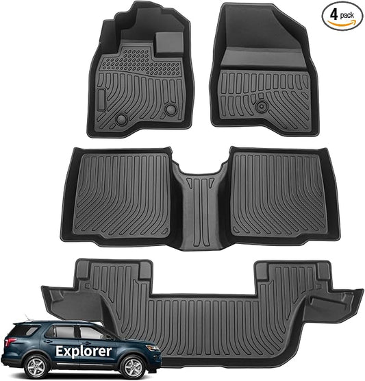 Wayhigh-All Weather Floor Mats Fit for 2015-2019 Ford Explorer 7 Seats TPE Car Mats Waterproof Heavy Duty Rubber Floor Liners for Explorer Accessories Custom Fit Black Liners
