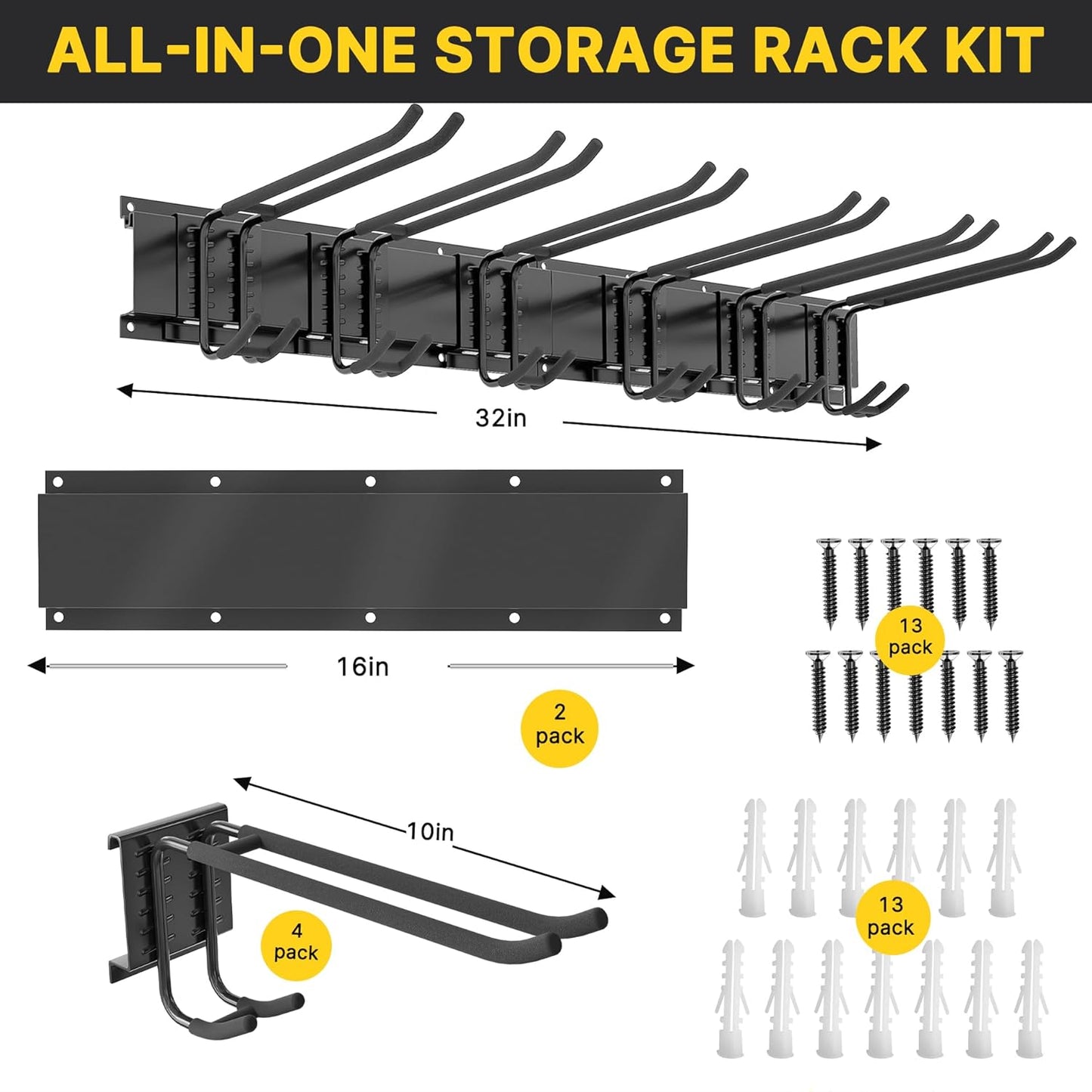Garage Organization, Garage Tool Organizer Wall Mount with 48 inches Rails and 6 Double-layer Hooks, Tool Organizer Rack For Yard Tools, Shovel, Chair, Snowborad