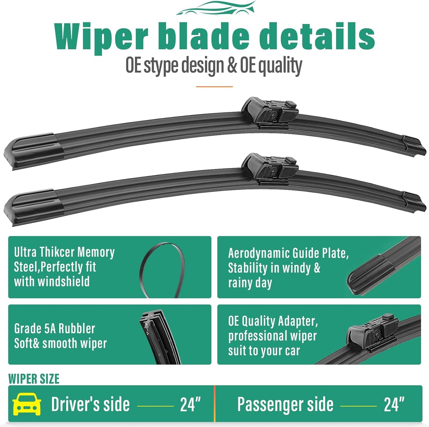 24" 24" 10" Windshield Wiper Blades Replacement for Toyota Sequoia 2023 2024 Premium All Weather Front Rear Wipers Set - OEM Quality (Pack of 3)