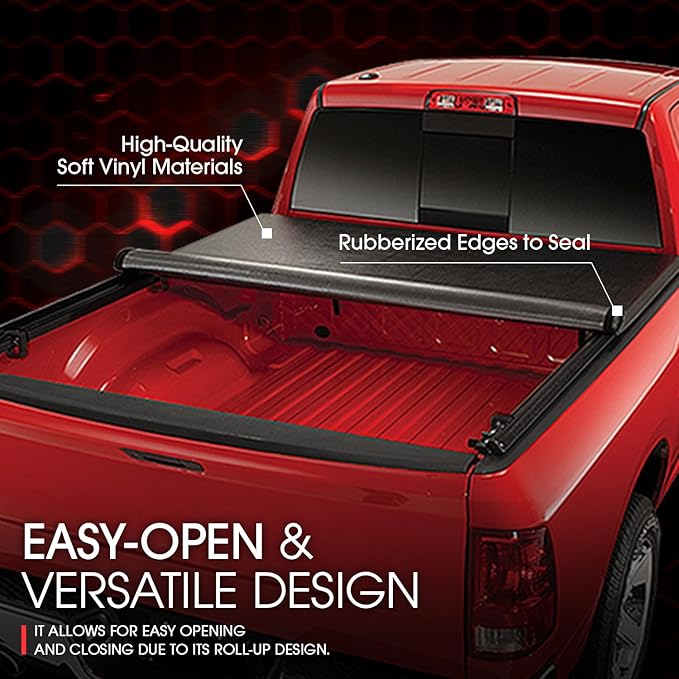 DNA Motoring TTC-RU-028 Pickup Truck Bed Soft Roll-Up Tonneau Cover Compatible with 09-18 Dodge Ram 1500 6.5Ft Fleetside Short Beds, Without Bed Rail Storage & RamBox