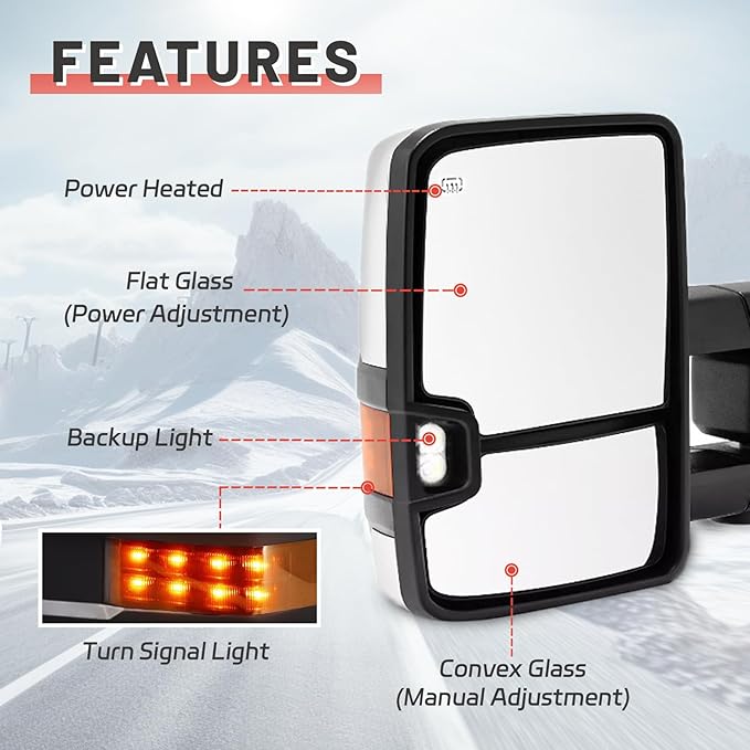 Towing Mirrors for 2007-2014 Chevy Silverado/GMC Sierra 1500 2500 HD 3500HD (2007 New Body Style ONLY) Chrome Power Heated Amber Turn Signal Clearance Lamp Pair Set Replacement