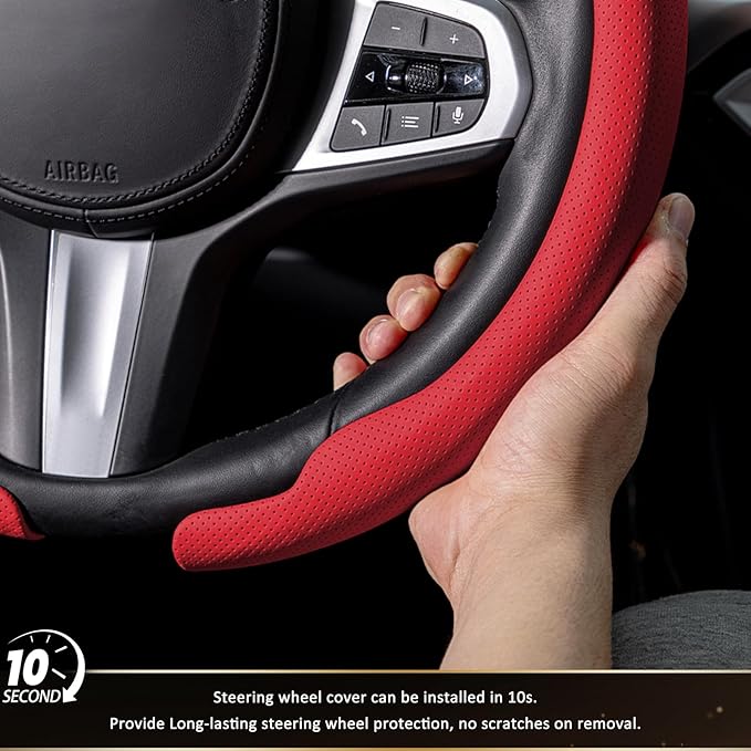 Aimato Nappa Leather Steering Wheel Cover, Ultra-Thin Car Steering Wheel Cover,Comfortable & Breathable Microfiber,Universal Fit for Most Cars, Red