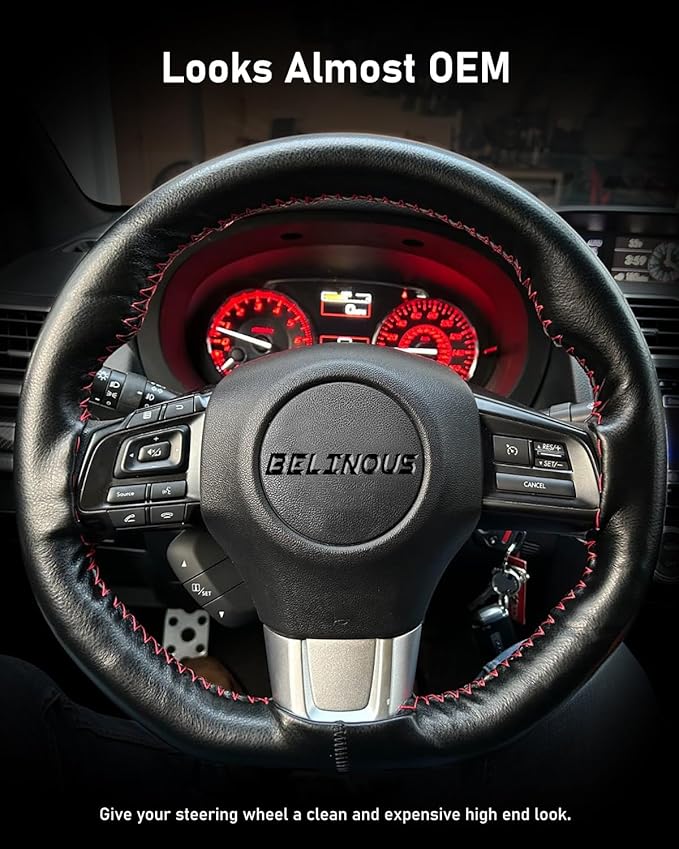 BELINOUS Leather Steering Wheel Cover Lace Up, Stitch On Wrap, Universal Fit 13-20 inch Car Truck SUV Pickup Boat, A Whole Piece of Cowhide, DIY Stitch w/Needle Thread (Size L3, Black and Red)