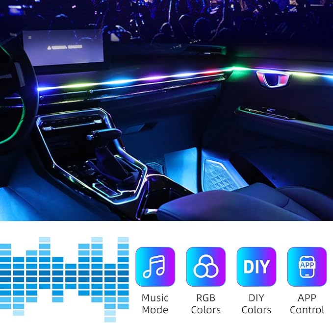Wireless APP Control Car-Ambient-Lighting-Kit,256 RGB Colors DIY Modes Acrylic Interior Car LED Strip Light