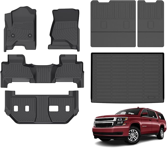 Floor Mats & Cargo Liner for Chevy Chevrolet Suburban 2015-2020 with Backrest Mat, All Weather Automotive TPE Floor Liners Set Waterproof Accessories Black