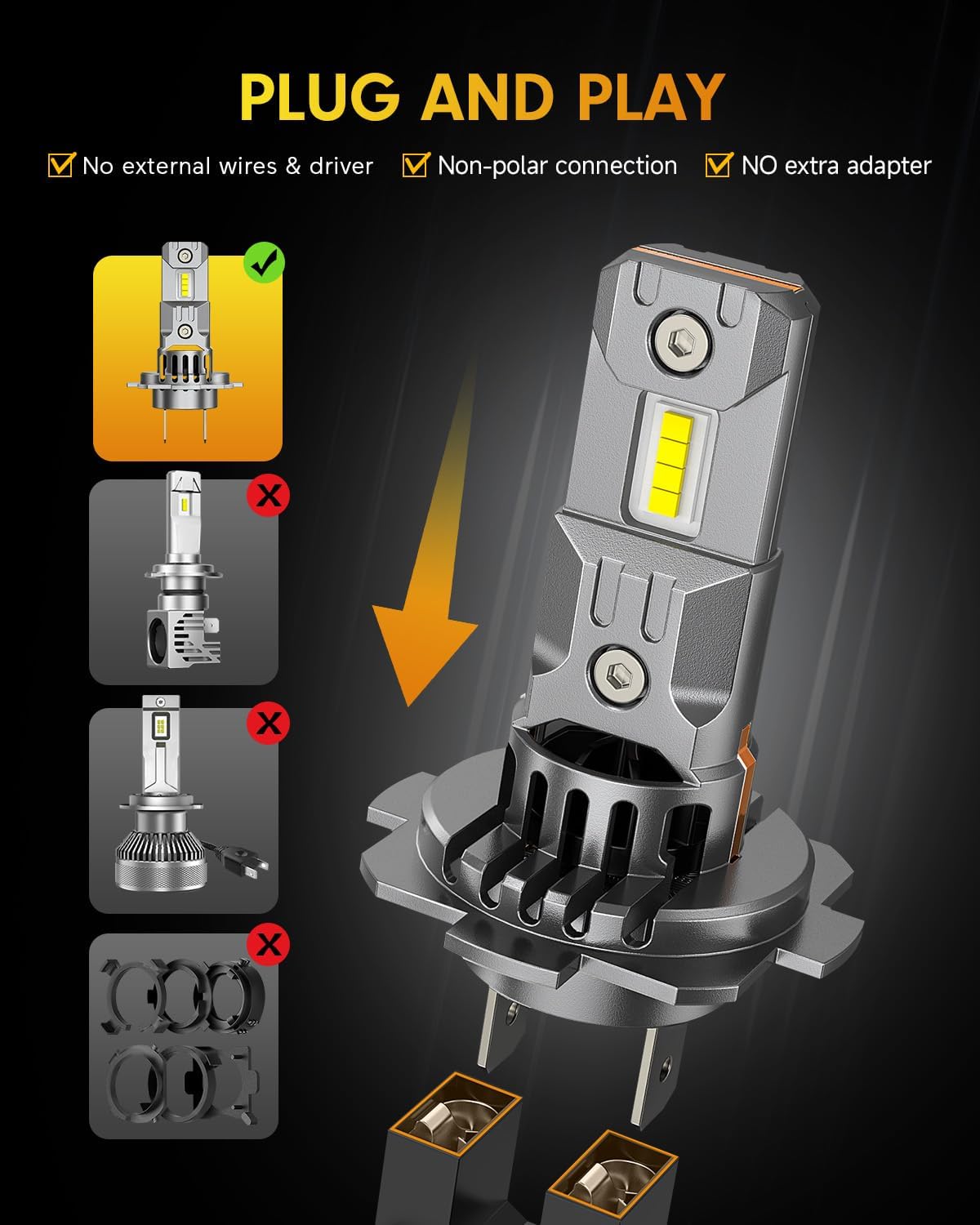 FAHREN Upgraded H7 Bulbs, 60000LM 1000% Ultra Bright 6500K White Light, Mini Size No Adapter Needed, Plug and Play HID H7 Fog Lights, IP68 Waterproof, Pack of 2