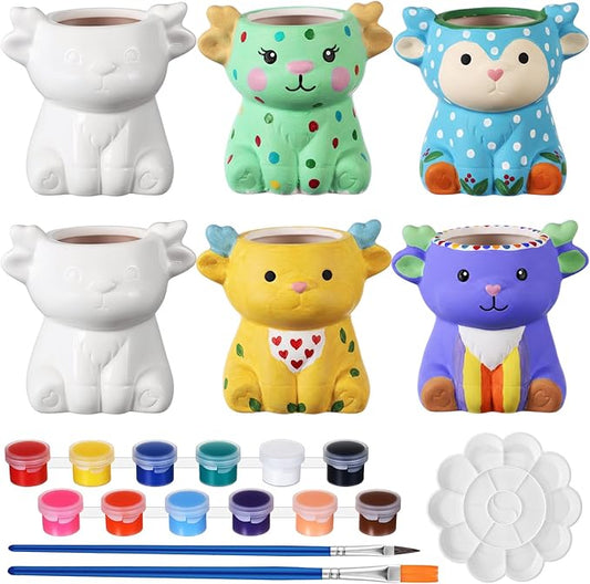 Honeydak 6 Sets DIY Ceramic Succulent Pots Paint Craft Kit, Ready to Paint Your Own Ceramic Planters, Unpainted Flower Pots with Drainage Holes for Family Craft Activity Birthday Gift