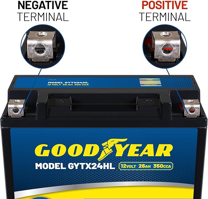 Goodyear GYTX24HL - 12 Volt 26 AH, 350 CCA, Rechargeable High-Performance, Maintenance Free, SLA - AGM Battery for Motorcycle, ATV, UTV, Scooter, Snowmobile, Motorbike and more!