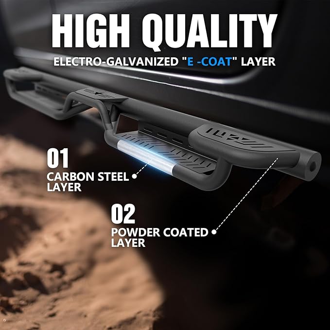 Three Raised Steps Running Boards CrewMax Cab Side Steps Compatible with 2022 2023 2024 2025 Toyota Tundra CrewMax Cab, Bolt-on Heavy-Duty Carbon Steel Nerf Bar Side Rails Rock Sliders