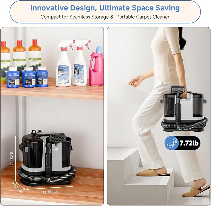 Portable Spot Cleaner Machine for Carpet and Upholstery - 18Kpa Carpet Cleaner with Dual BrushHeads, Easy Move, Cleaning Machine for Furniture, Couch, Stairs, Car and Pet Stain, White