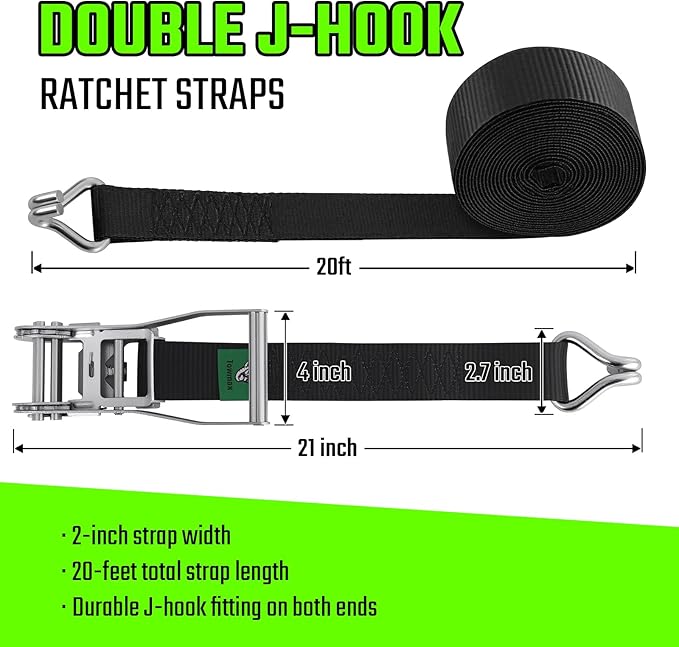 2" x20' Ratchet Straps with J Hooks - 10,000lb Break Strength/ 3,333lb Load Capacity Ratchet Tie Down Strap - Black Ratchet Straps Heavy Duty - Cargo Straps for Truck, Lawn Equipment, Car Roof-4 Pack