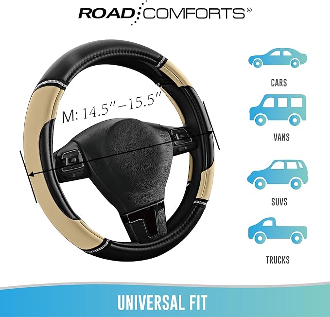 Road Comforts Leather Steering Wheel Cover - Made with PVC Leather - Anti-Slip, Universal Fit 14 1/2 inches to 15 inches - Beige