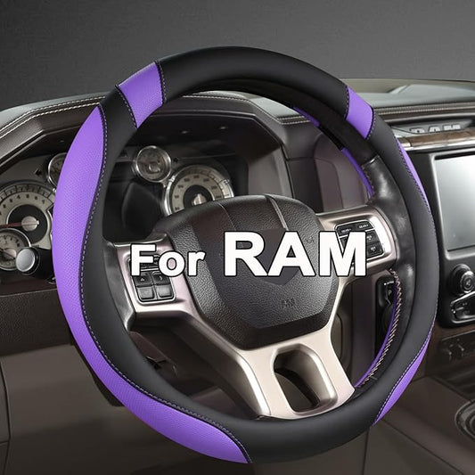 West Llama Customized Auto Car Steering Wheel Cover for Dodge RAM 1500 2500 3500, 15.5-16 inch (Black+Purple - Large Size)