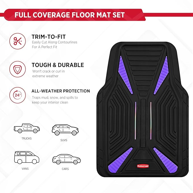 Rubbermaid Car Mat Full Set, Universal Trim-to-Fit Heavy-Duty Car Floor Mats – 4-Piece Set for All Weather Protection – Durable Rubber Mat for Cars, Trucks, SUVs & Vans-Purple
