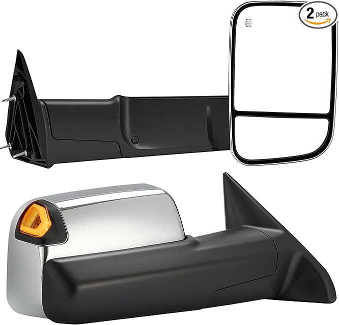 Tow Mirrors Compatible with 2009-2018 Dodge Ram 1500, 2010-2018 2500 3500, Flip Up Extended Trailer Towing Side Mirrors w/Smoked Turn Signal, Power Heated, Chrome