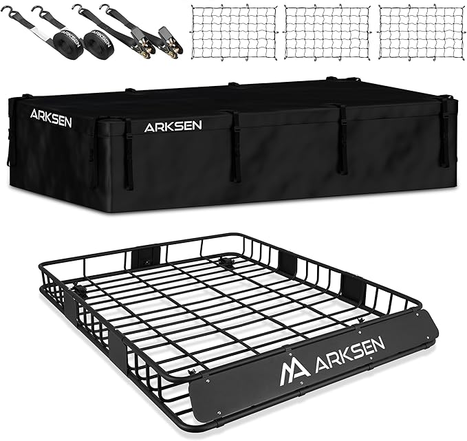 ARKSEN 84 x 50 x 6 Inch Universal Extra Wide 150LB Heavy Duty Roof Rack Cargo with 500D PVC Waterproof Cargo Bag, Nylon Cargo Nets, Ratchet Straps,Car Top Luggage Holder Carrier Basket for SUV, Truck