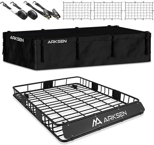 ARKSEN 84 x 50 x 6 Inch Universal Extra Wide 150LB Heavy Duty Roof Rack Cargo with 500D PVC Waterproof Cargo Bag, Nylon Cargo Nets, Ratchet Straps,Car Top Luggage Holder Carrier Basket for SUV, Truck