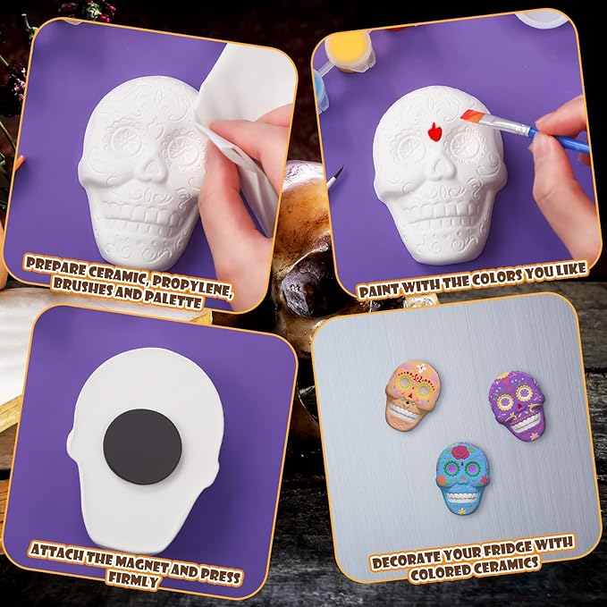 Simgoing 24 Sets Day of The Dead Sugar Skull Ceramic Painting Kit for Adults Dia De Los Muertos Decor Halloween Figurines Crafts Paint Your Own DIY Skull Figurines with 24 Magnet