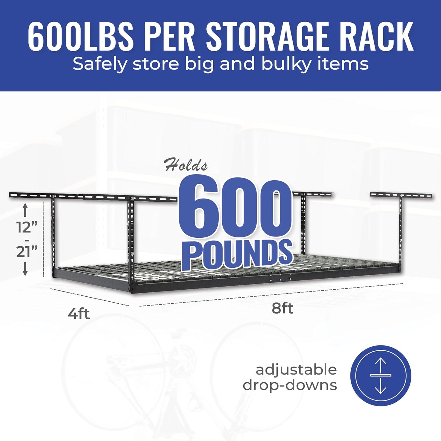 SafeRacks Heavy Duty Overhead Garage Storage Rack, 2-Pack 4x8 Hammertone, 12"-21", 600 lb Capacity, Adjustable Ceiling Mount