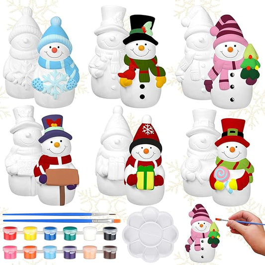 Eersida 6 Sets Winter Christmas Ceramics to Paint Ready to Your Own Ceramic Snowman Statues DIY Unpainted Paintable Winter Figurines Kit Crafts with Brush Palette for Christmas DIY