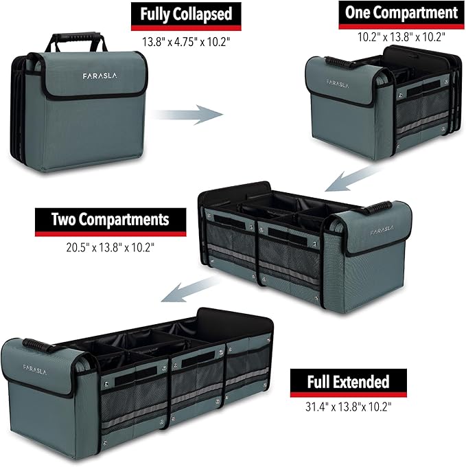 Farasla Waterproof Trunk Organizer with Insulated Leakproof Cooler Bag, Foldable Cover, Adjustable Securing Straps (4-in-1 w/Cooler, Gray)