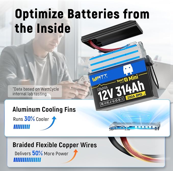 12V 314Ah Lithium LiFePO4 Battery Mini with Bluetooth 5.0 BMS 200A, 4.01kWh Energy, Upgraded Aluminum Cooling Fins & Braided Copper Wires, upporting devices over 2000W (1 PACK)