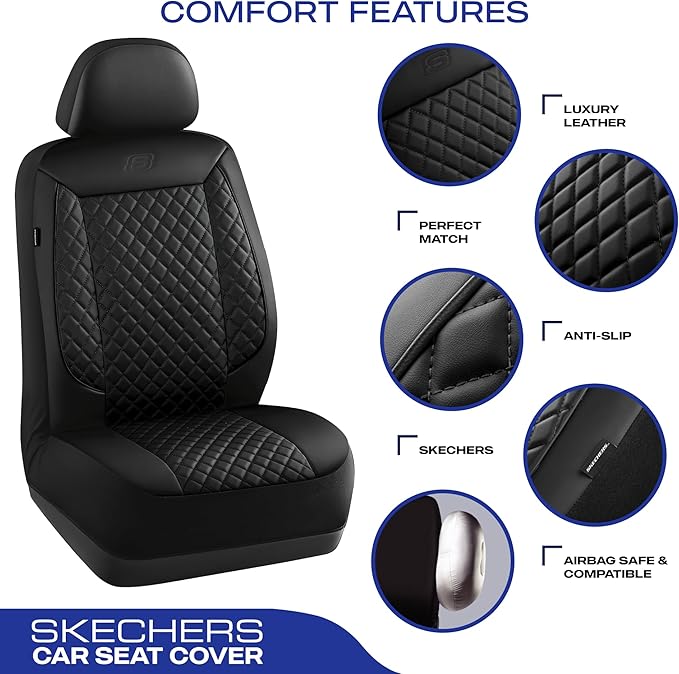 Skechers Car Seat Covers,Piping Luxury Faux Seat Covers,Waterproof Anti Slip Car Seat Protector Front Seats,Car Accessories Airbag Universal Fit for 95% Cars,Vans,Trucks,SUV,Black