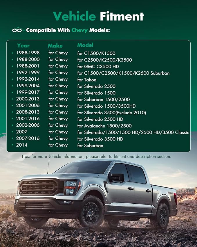 SCITOO Upper Flat Towing Mirror Glass Replacement with Left Driver Side Mirror Lens Compatible with 1988-1998 For Chevy/For GMC C1500/K1500 1988-2000 For Chevy/For GMC C2500/K2500/K3500