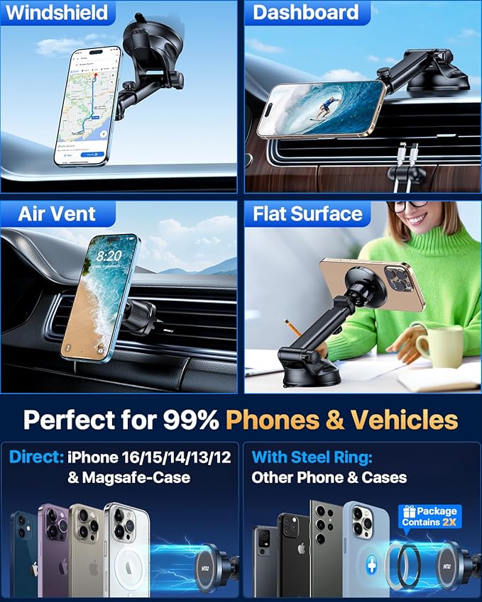 HTU for MagSafe Car Phone Mount Magnetic Car Phone Holder for Windshield Vent Dashboard Magnetic Suction Phone Mount for iPhone 17/16/15/14/13/12 & Android (Silver Gray)