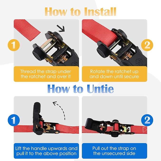 Ratchet Straps 4 Pack - 1,826 Lbs Break Strength 1 in x 15 Ft Medium Duty Ratchet Tie Down Straps with S Hooks Set for Truck, Cargo Van, Trailer, Motorcycle (Red)